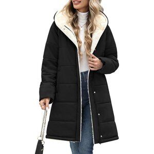 Women's Long Black Hooded Puffer Down Jacket Coat Fleece Warm Fashion Outerwear